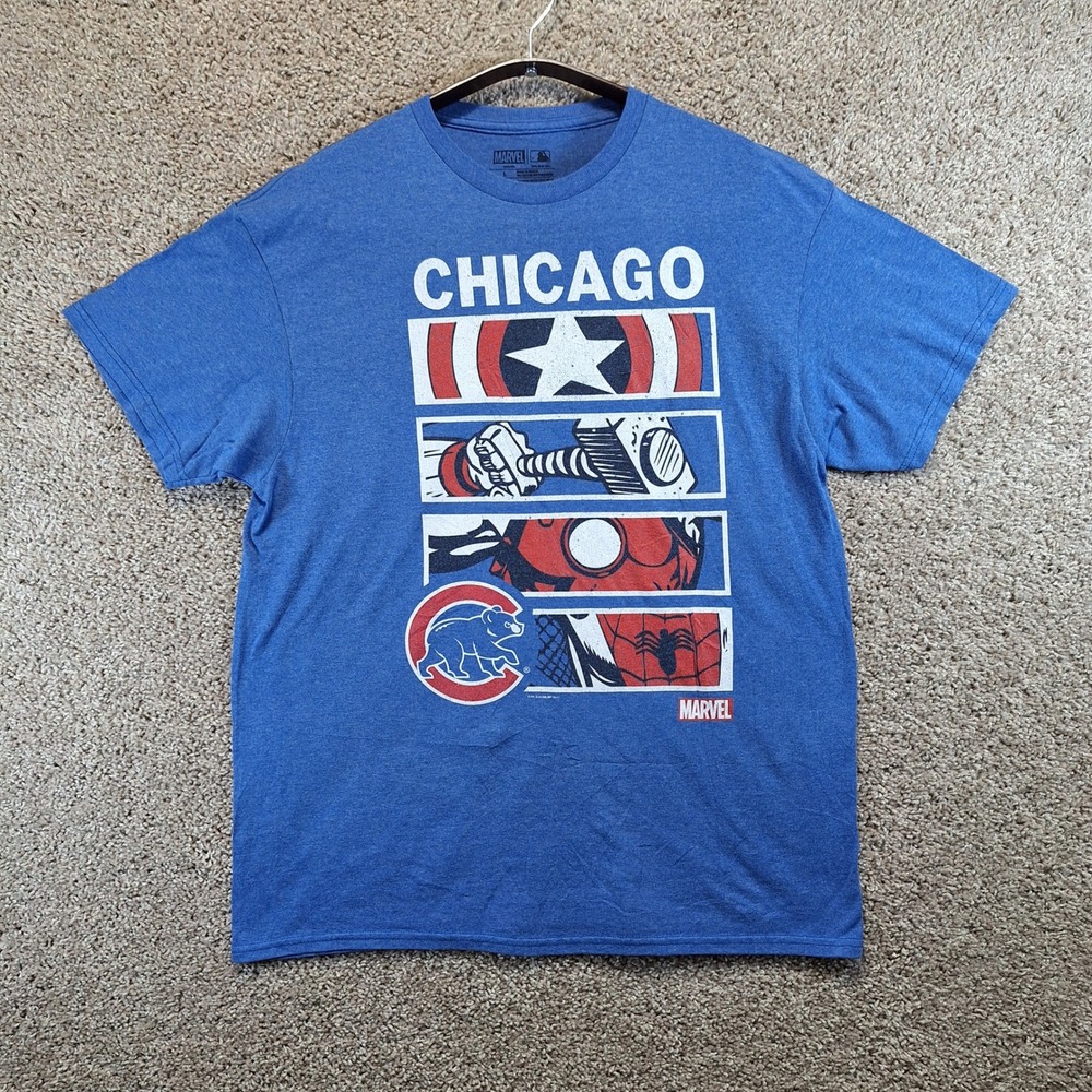 Marvel T-Shirt Mens L Blue Chicago Cubs Avengers Spider-Man Graphic Tee Sporty